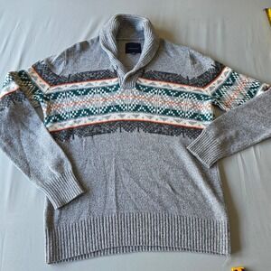 American Eagle Mens Shawl Neck Sweater‎ Large Fair Isle Pattern Gray Knit warm